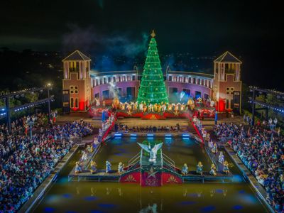 Apresentação natalina com árvore iluminada e plateia em Curitiba